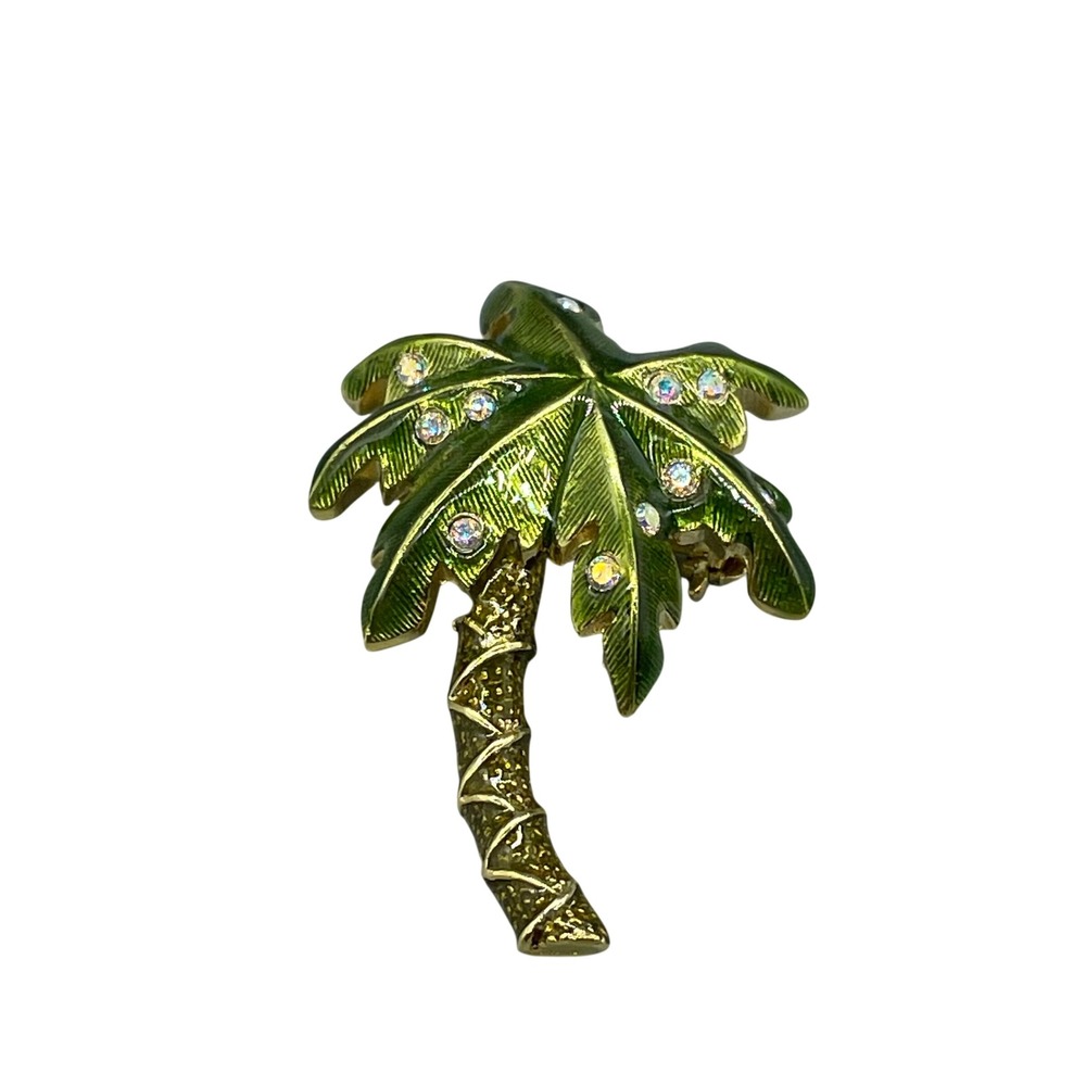 Vintage Palm Tree Brooch Green Enamel Gold Tone Rhinestone Tropical Beach‎ Pin